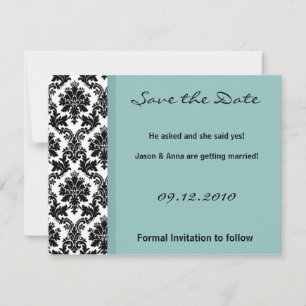 Tarjeta de Anuncio de Boda 4x5 - Azul Damask Negro