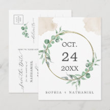 Tarjeta de anuncio de boda acuarela dorada