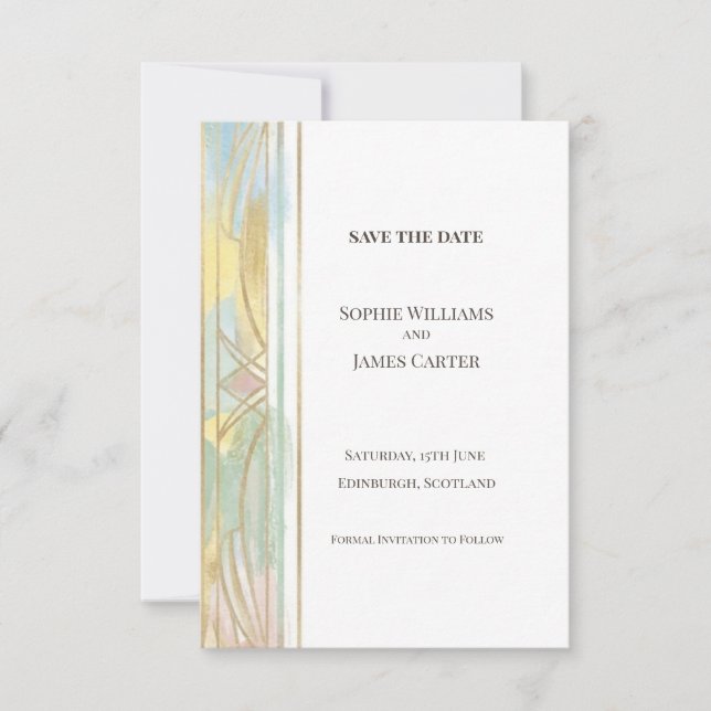 Tarjeta de anuncio de boda Art Deco pastel (Anverso)