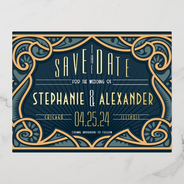 Tarjeta de anuncio de boda Art Nouveau con papel d (Anverso)