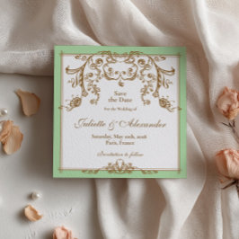 Tarjeta de anuncio de boda Barroco Verde Menta