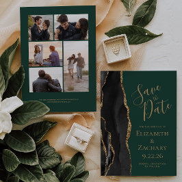 Tarjeta de anuncio de boda Black Gold Agate Green