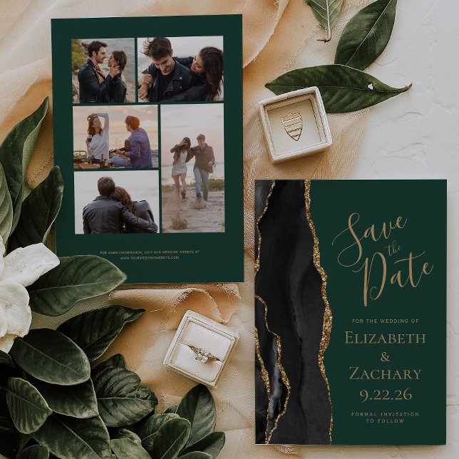 Tarjeta de anuncio de boda Black Gold Agate Green  (Subido por el creador)