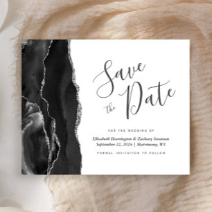 Tarjeta de anuncio de boda Black Silver Agate econ