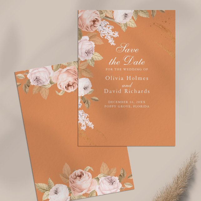 Tarjeta de anuncio de boda Boho Apricot Peonies (Boho Apricot Peonies Save the Date Card on neutral table)
