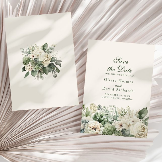 Tarjeta de Anuncio de Boda Boho Verde Sábila y Flo (Boho Sage Green & Ivory Flowers Save The Date Card on a sunny white dry palm leaf.)