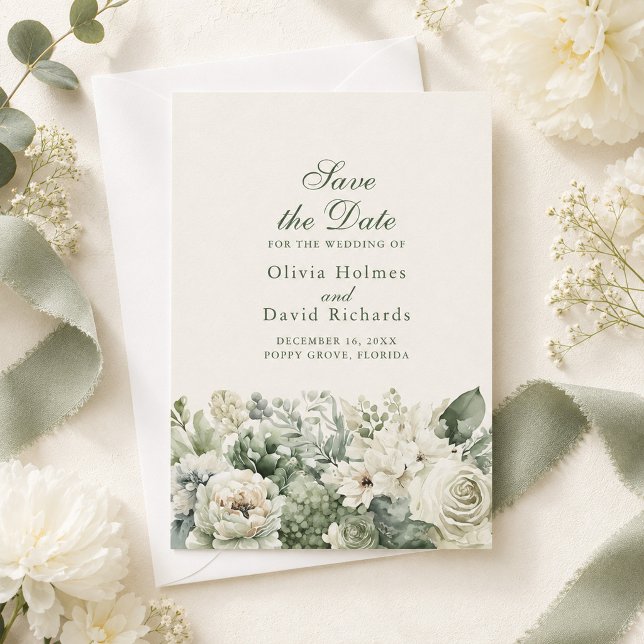 Tarjeta de Anuncio de Boda Boho Verde Salvia y Flo (Boho Sage Green & Ivory Flowers Save The Date Card on a table with white flowers and green ribbon)