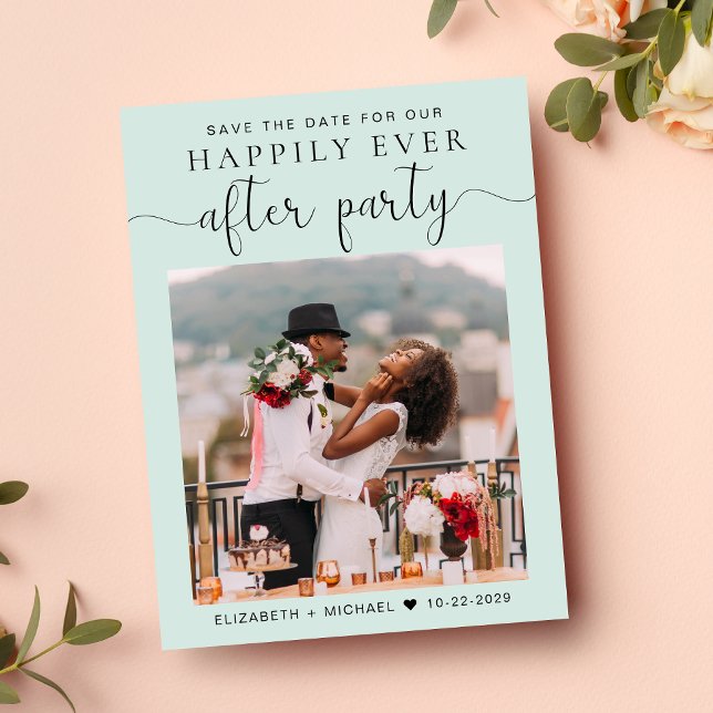 Tarjeta de anuncio de boda Chic Photo Mint Save th (A stylish save the date announcement for a reception to celebrate your elopement or private wedding)