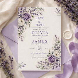 Tarjeta de anuncio de boda con acuarela de lavanda
