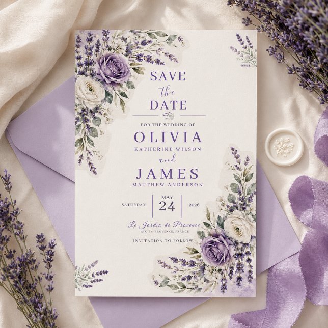 Tarjeta de anuncio de boda con acuarela de lavanda (Subido por el creador)