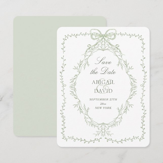 Tarjeta de anuncio de boda con arco de marco verde (Anverso / Reverso)