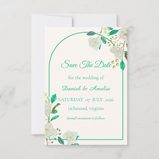 Tarjeta de anuncio de boda con arco de menta (Anverso)