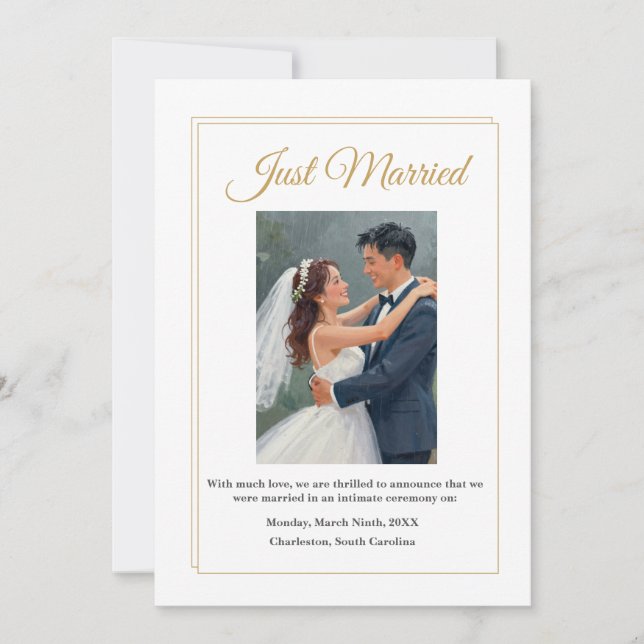 Tarjeta de Anuncio de Boda con Borde de Oro Minima (Anverso)