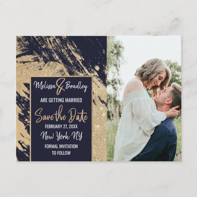 Tarjeta de Anuncio de Boda con Brochazos Dorados y (Anverso)