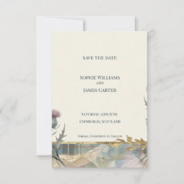 Tarjeta de anuncio de boda con cardo escocés y tar