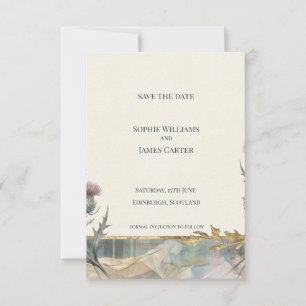 Tarjeta de anuncio de boda con cardo escocés y tar