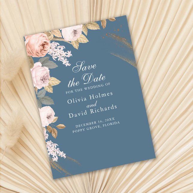 Tarjeta de anuncio de boda con elemento boho de pe (Boho Elemental Blue Peonies Save the Date Card on dra fan palm leaf.)
