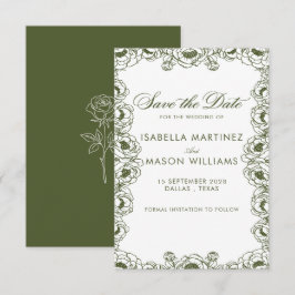 tarjeta de anuncio de boda con flores verde oliva