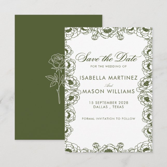 tarjeta de anuncio de boda con flores verde oliva (Anverso / Reverso)