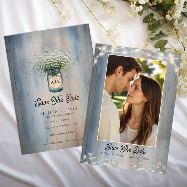 Tarjeta de anuncio de boda con foto de bebé respir (Country Wedding Photo Save The Date)