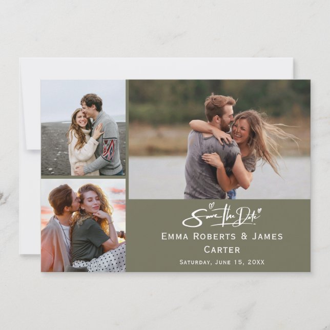 Tarjeta de anuncio de boda con foto en verde oliva (Anverso)