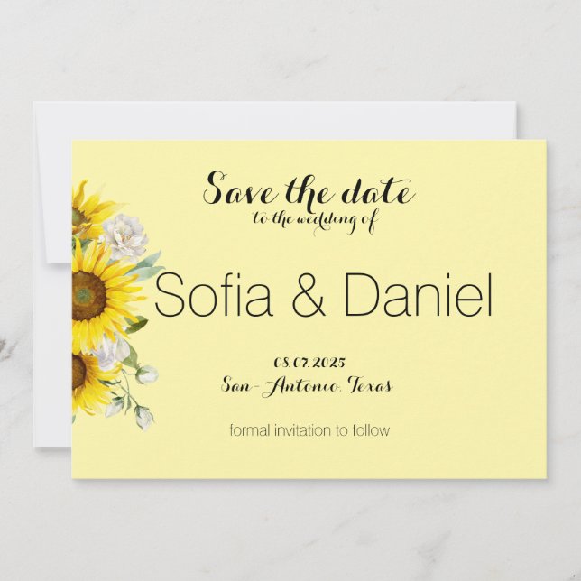 Tarjeta de anuncio de boda con girasol y rosa (Anverso)