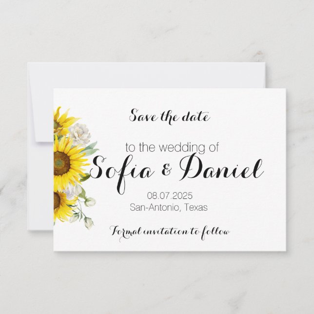 Tarjeta de anuncio de boda con girasol y rosa (Anverso)