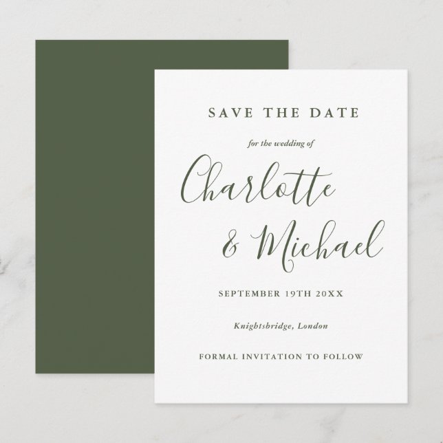 Tarjeta de anuncio de boda con guión verde oliva (Anverso / Reverso)
