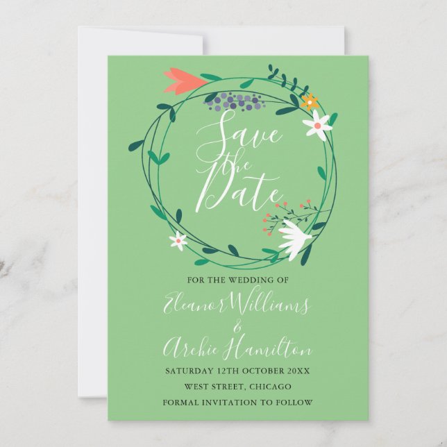Tarjeta de Anuncio de Boda con Guirnalda de Verdor (Anverso)