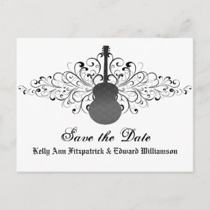 Tarjeta de anuncio de boda con guitarra y remolino