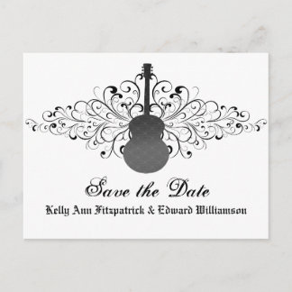 Tarjeta de anuncio de boda con guitarra y remolino