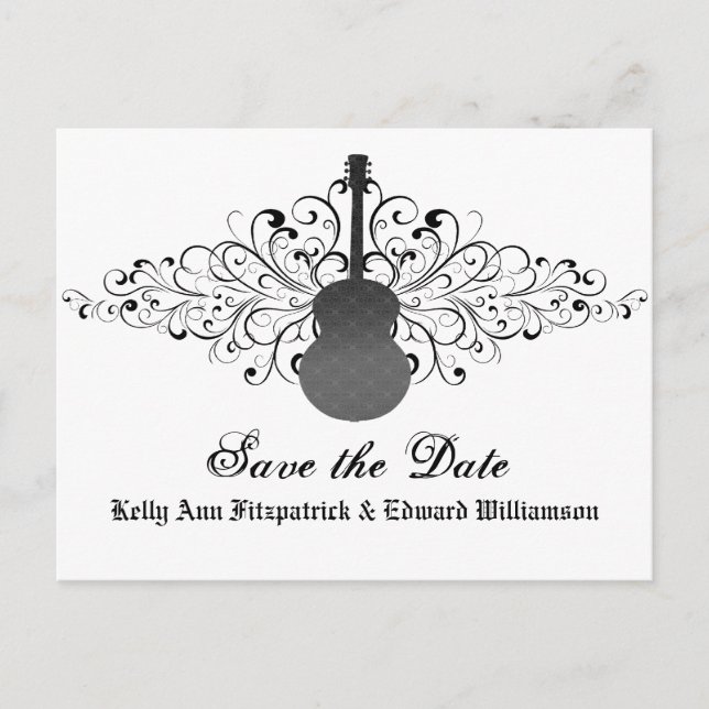 Tarjeta de anuncio de boda con guitarra y remolino (Anverso)