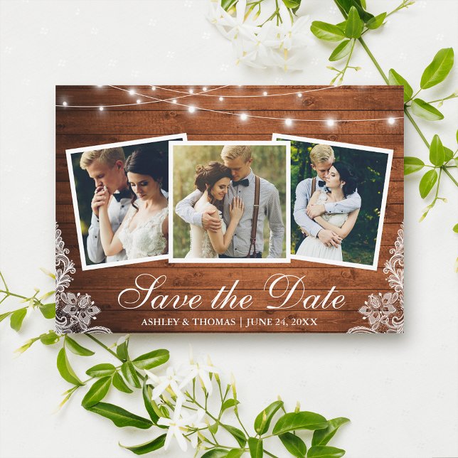 Tarjeta de anuncio de boda con luces de madera rús (Customize to add more text or more photos to back of card.)