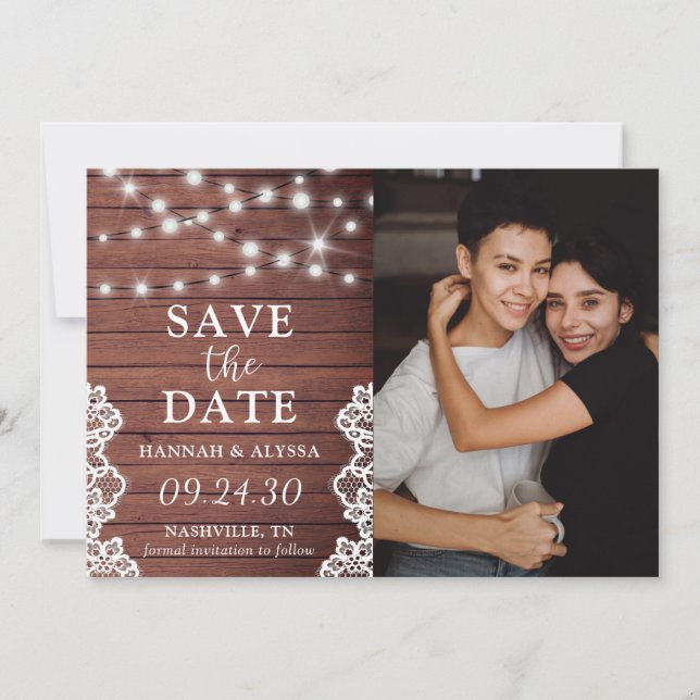 Tarjeta de Anuncio de Boda con Luces Rústicas para (Anverso)
