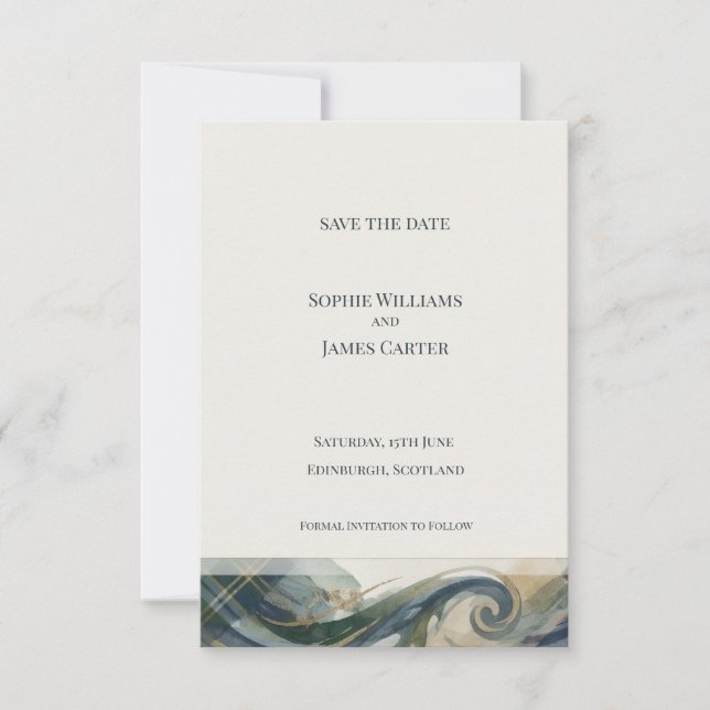 Tarjeta de anuncio de boda con oleada de tartán es (Anverso)