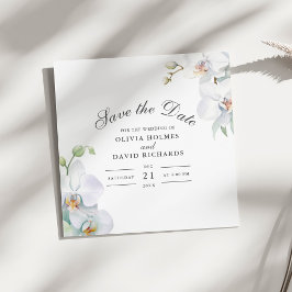 Tarjeta de anuncio de boda con orquídea blanca ele