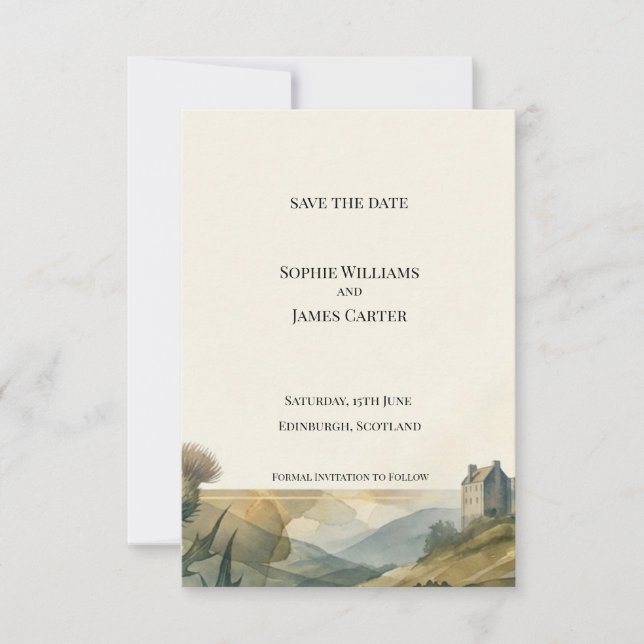 Tarjeta de anuncio de boda con paisaje de castillo (Anverso)