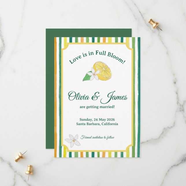 Tarjeta de anuncio de boda con tema de limón cítri (Anverso/Reverso In Situ)