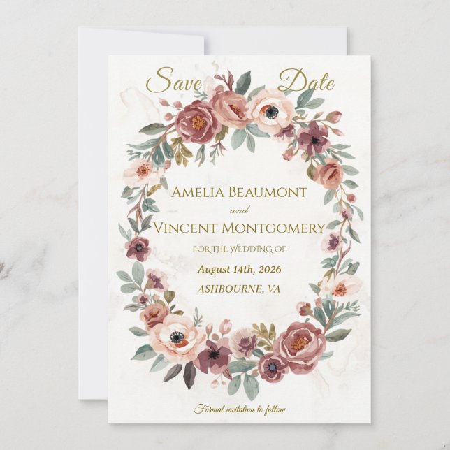 Tarjeta de Anuncio de Boda Corona Floral Rosa Polv (Anverso)