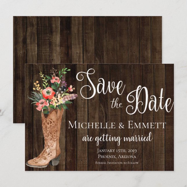 Tarjeta de anuncio de boda Country Rustic Boot Wes (Anverso / Reverso)