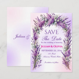 Tarjeta de anuncio de boda de arco de lavanda púrp