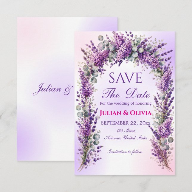 Tarjeta de anuncio de boda de arco de lavanda púrp (Anverso / Reverso)