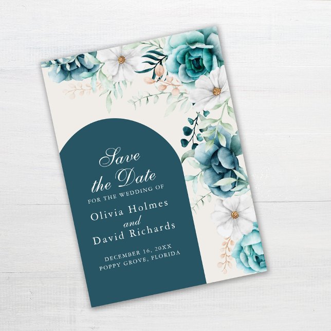 Tarjeta de Anuncio de Boda de Botánica Verde Azul  (Teal and Turquoise Save the Date Card on gray table)