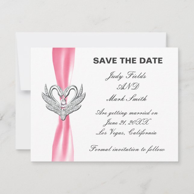 Tarjeta de anuncio de boda de cisnes de plata con  (Anverso)