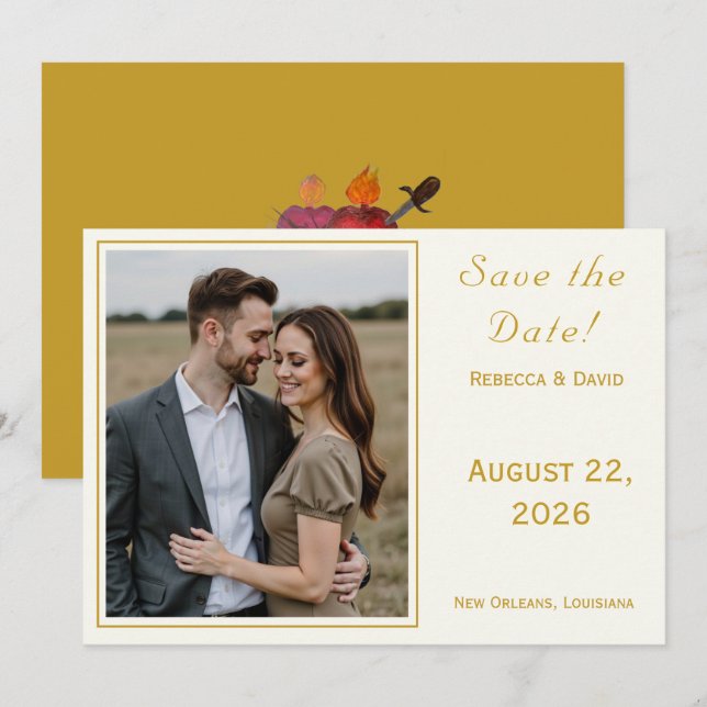 Tarjeta de anuncio de boda de dos corazones católi (Anverso / Reverso)