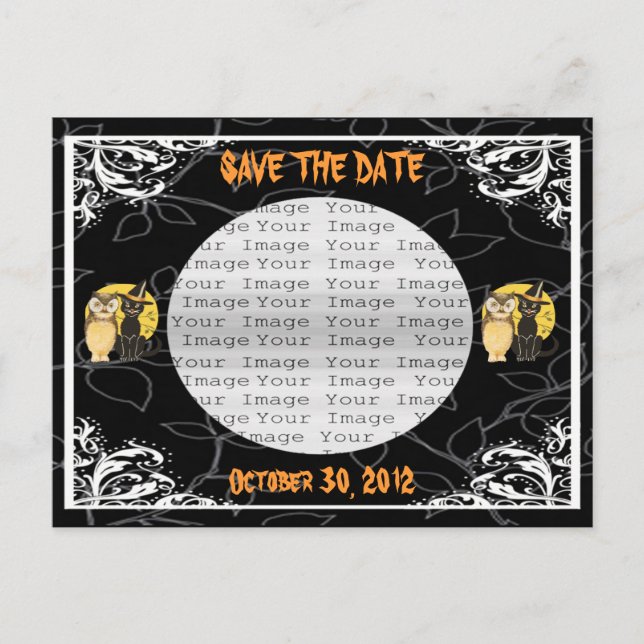 Tarjeta de anuncio de boda de Halloween de gato y  (Anverso)