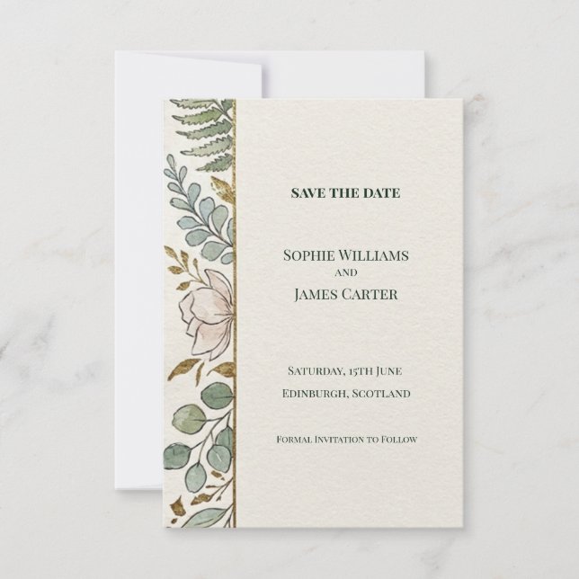 Tarjeta de anuncio de boda de helecho de flor silv (Anverso)