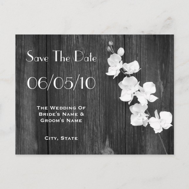 Tarjeta de anuncio de boda de orquídea y madera de (Anverso)