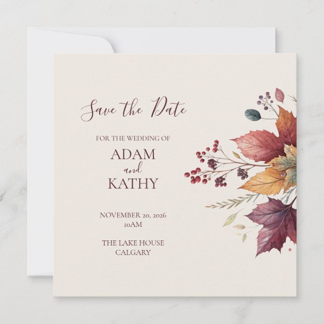 Tarjeta de Anuncio de Boda de Otoño con Hoja de Ar (Anverso)