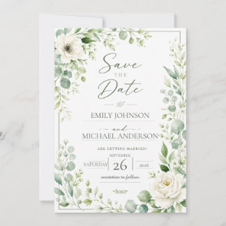 Tarjeta de anuncio de boda de verde salvia botánic
